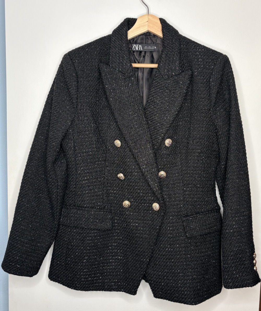 NWOT Zara Women's Black Metallic Tweed Double Breasted Blazer Size Large